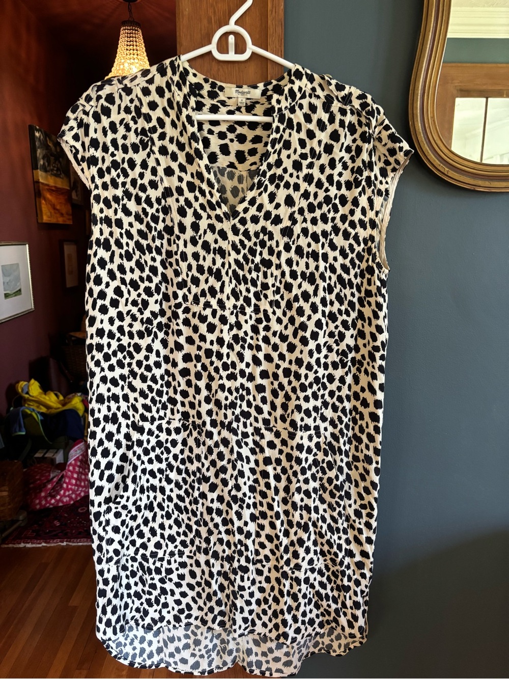 Madewell Black and Cream Printed Cap-Sleeve Tunic